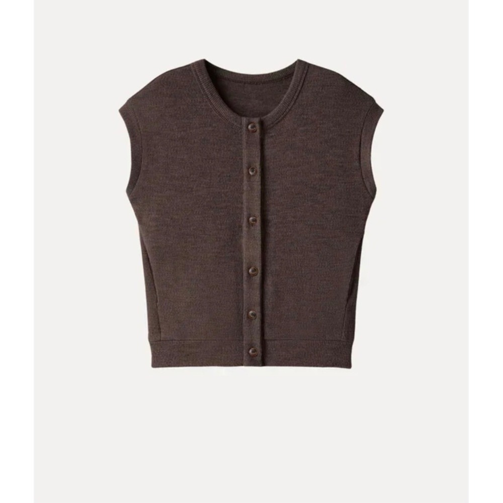 OGL Women XS Brown Sweater Vest Button Front Wool Blend Knit Pockets Cardigan